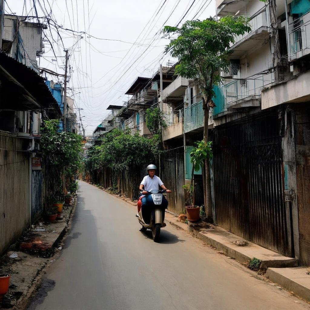 Hình ảnh mô tả không khí yên bình trong Ngõ 38 Xuân La, Tây Hồ, Hà Nội với nhà cửa và cây xanh.